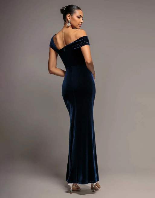 Goddiva One shoulder velvet maxi dress in navy, 2 of 4