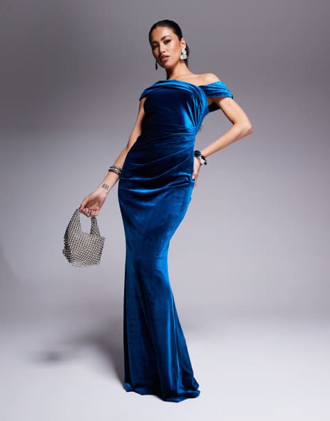 Goddiva One shoulder velvet maxi dress in teal