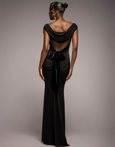 Goddiva Open back cowl neck gathered maxi dress with velvet tie back in black