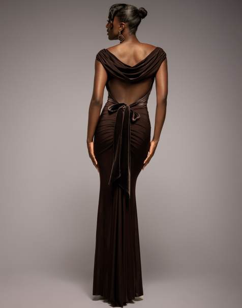 Goddiva Open back cowl neck gathered maxi dress with velvet tie back in brown