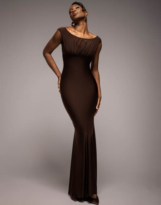 Goddiva Open back cowl neck gathered maxi dress with velvet tie back in brown, 2 of 4