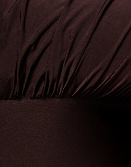 Goddiva Open back cowl neck gathered maxi dress with velvet tie back in brown, 4 of 4