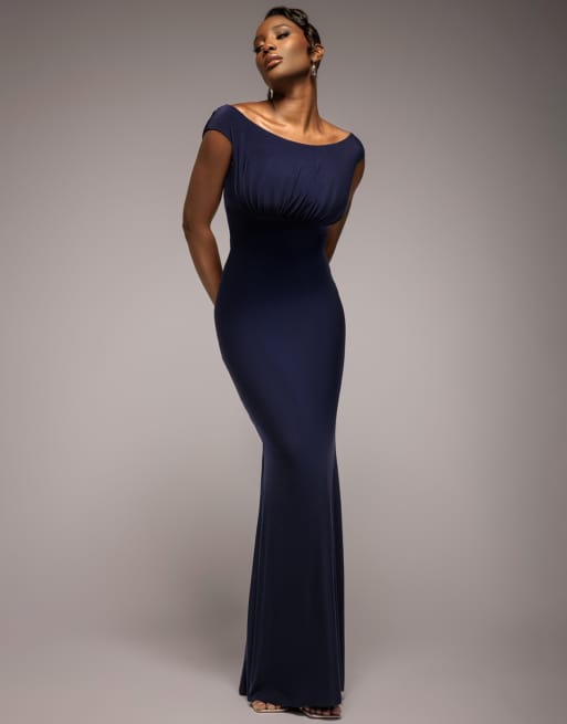 Goddiva Open back cowl neck gathered maxi dress with velvet tie back in navyblue, 2 of 4