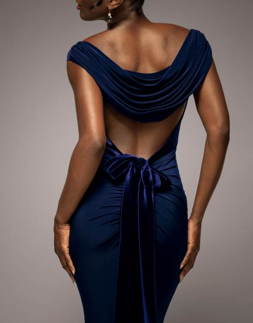 Goddiva Open back cowl neck gathered maxi dress with velvet tie back in navyblue, 3 of 4
