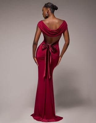 Goddiva Open Back Cowl Neck Gathered Maxi Dress With Velvet Tie Back In Red