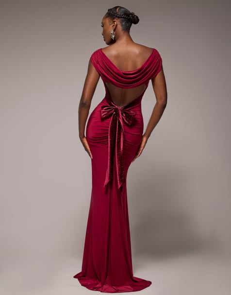 Goddiva Open back cowl neck gathered maxi dress with velvet tie back in wine