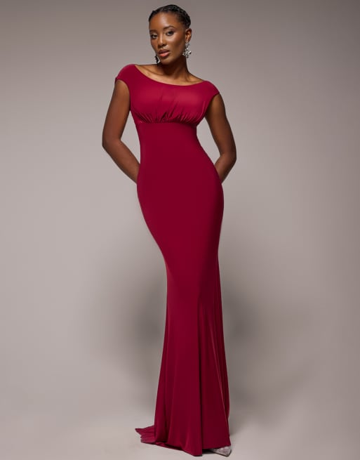 Goddiva Open back cowl neck gathered maxi dress with velvet tie back in wine, 2 of 4