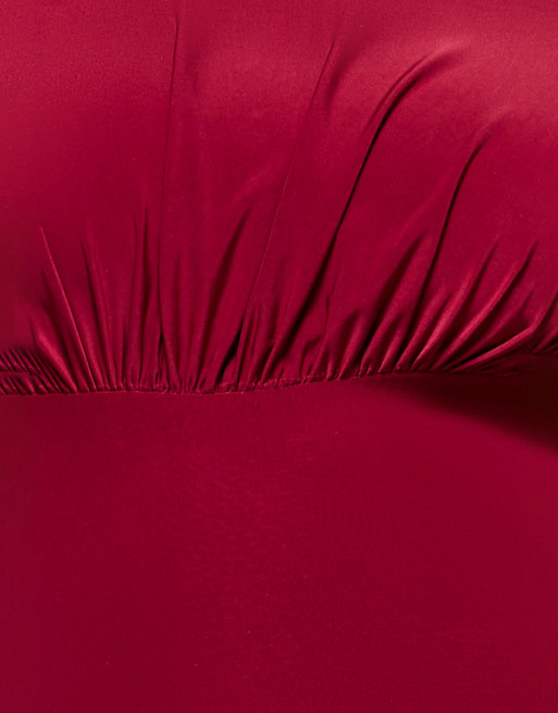 Goddiva Open back cowl neck gathered maxi dress with velvet tie back in wine, 4 of 4