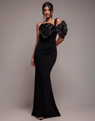 Goddiva Organza Bow One Shoulder Crepe Maxi Dress In Black