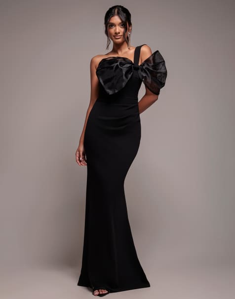 Goddiva Organza bow one shoulder  crepe maxi dress in black - view 1