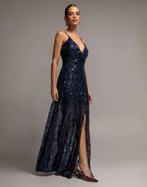 Goddiva Ornamental patterned iridescent sequin maxi with front split in navy