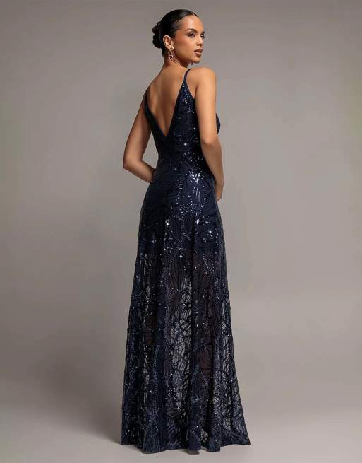Goddiva Ornamental patterned iridescent sequin maxi with front split in navy, 2 of 4