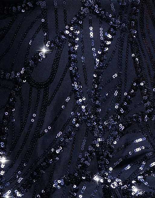 Goddiva Ornamental patterned iridescent sequin maxi with front split in navy, 4 of 4