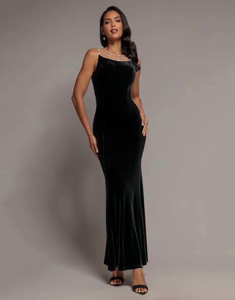 Goddiva Pearl diamante neck velvet maxi dress in black