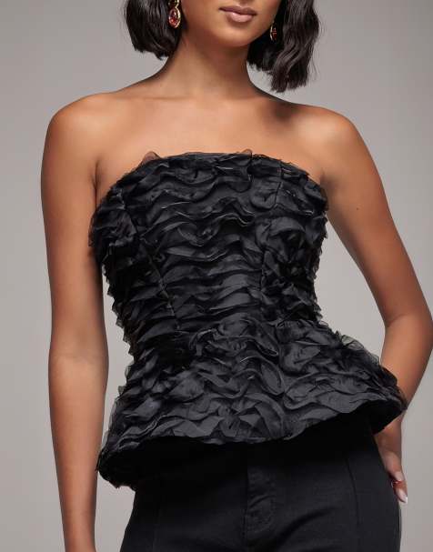 Goddiva Peplum 3d textured boob tube lace up corset in black - view 1