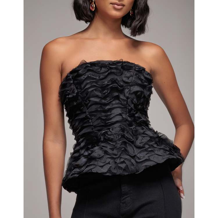Goddiva Peplum 3d textured boob tube lace up corset in black | ASOS