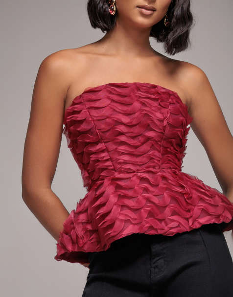 Goddiva Peplum 3d textured boob tube lace up corset in burgundyred - view 1