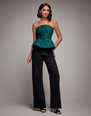 Goddiva Peplum 3d Textured Boob Tube Lace Up Corset In Green