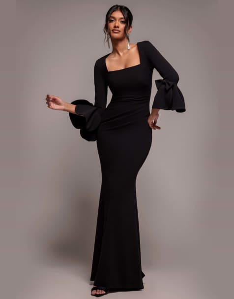 Goddiva Petal bow sleeve frill maxi dress in black - view 1
