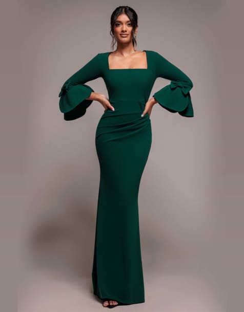 Goddiva Petal bow sleeve frill maxi dress in emerald - view 1