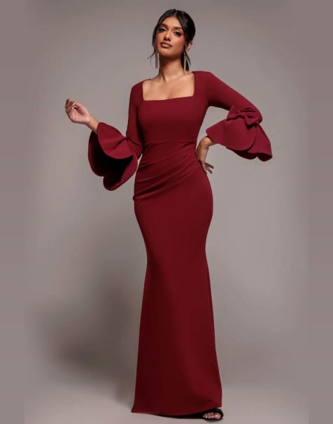 Goddiva Petal bow sleeve frill maxi dress in wine