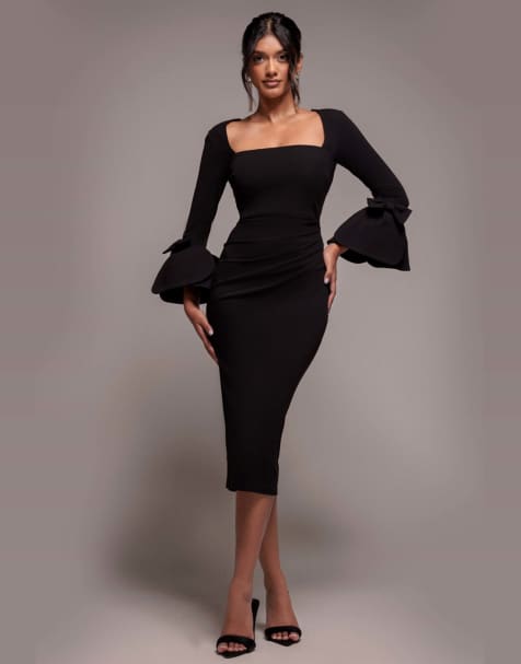 Goddiva Petal bow sleeve frill midi dress in black