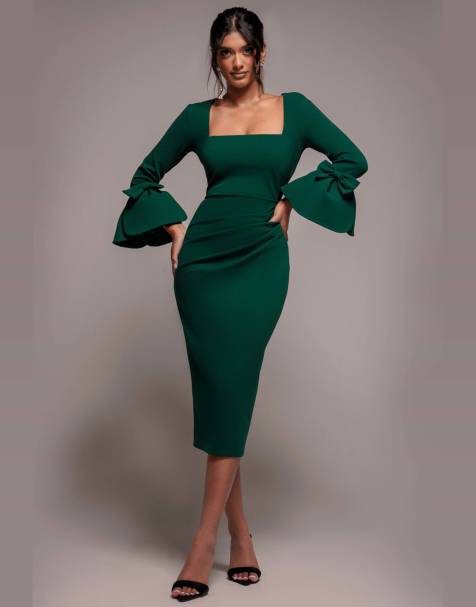 Goddiva Petal bow sleeve frill midi dress in emerald - view 1