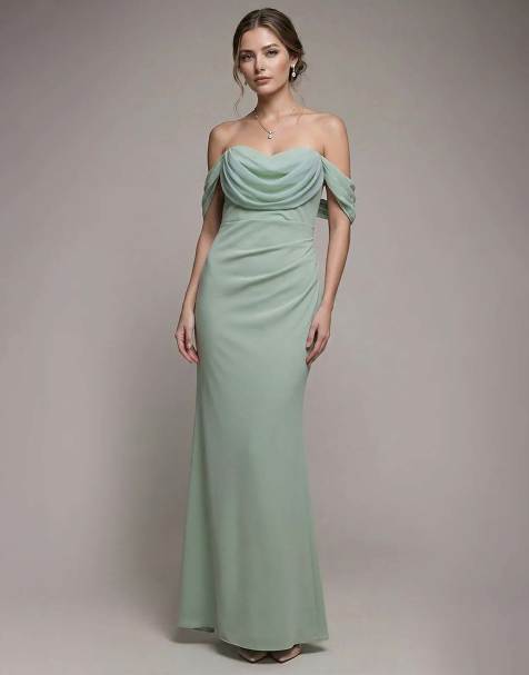 Goddiva Petite bardot & chiffon cowl maxi dress in sagegreen - view 1