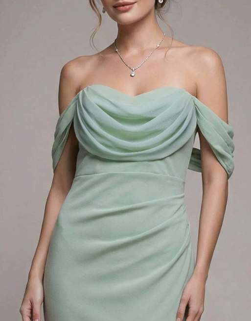 Goddiva Petite bardot & chiffon cowl maxi dress in sagegreen, 2 of 4