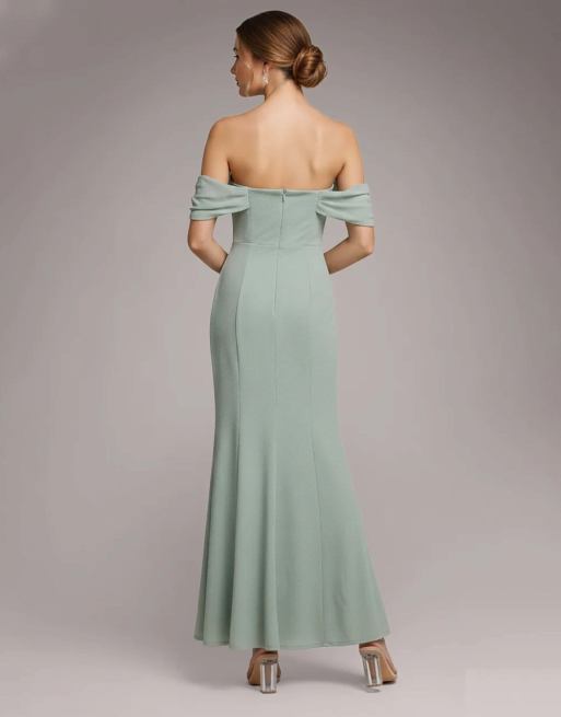 Goddiva Petite bardot & chiffon cowl maxi dress in sagegreen, 4 of 4