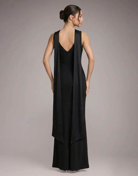 Goddiva Petite satin multi tie halterneck maxi dress in black