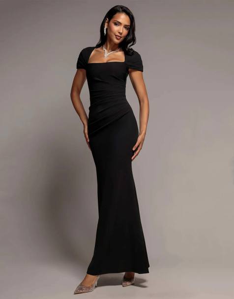 Goddiva Pleated asymmetric bodice  mermaid maxi dress in black