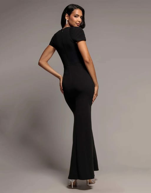Goddiva Pleated asymmetric bodice  mermaid maxi dress in black, 2 of 4