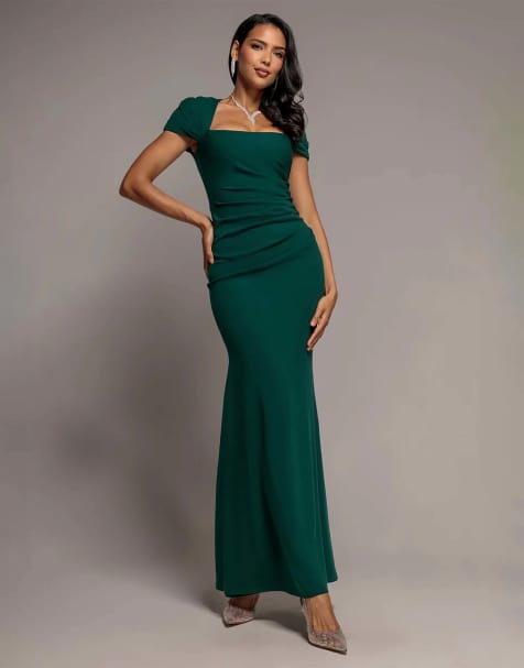 Goddiva Pleated asymmetric bodice  mermaid maxi dress in emeraldgreen - view 1