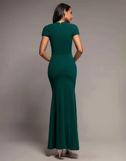 Goddiva Pleated asymmetric bodice  mermaid maxi dress in emeraldgreen, 2 of 4
