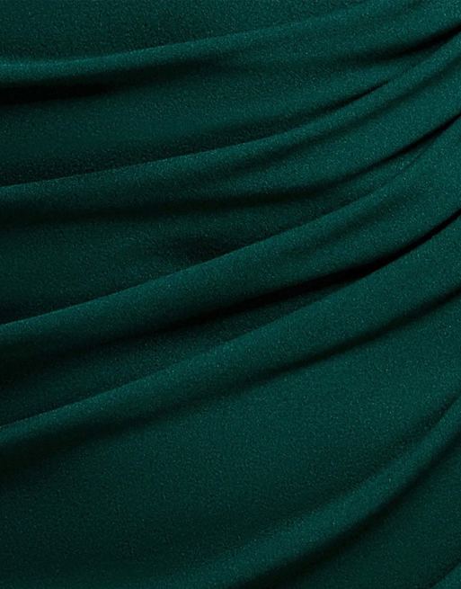 Goddiva Pleated asymmetric bodice  mermaid maxi dress in emeraldgreen, 4 of 4