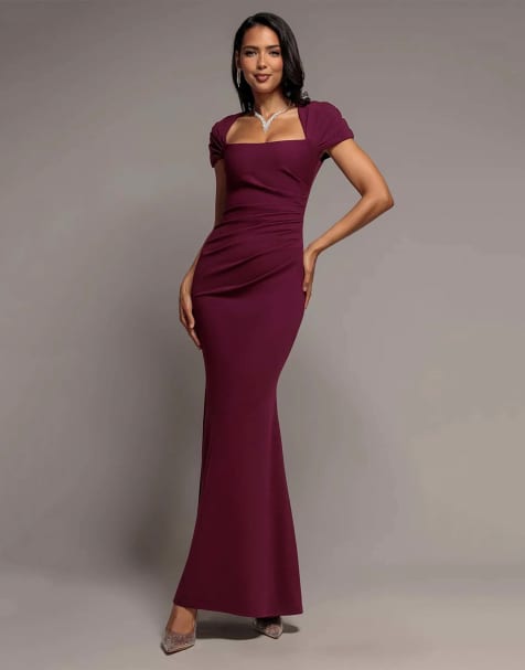 Goddiva Pleated asymmetric bodice  mermaid maxi dress in plum - view 1