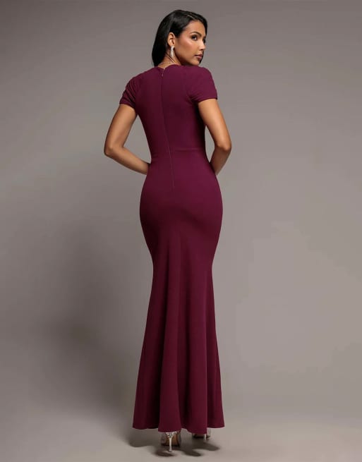 Goddiva Pleated asymmetric bodice  mermaid maxi dress in plum, 2 of 4