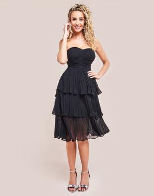 Goddiva Pleated bandeau bodice chiffon tiered midi in black