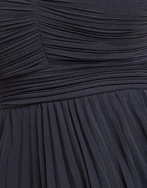 Goddiva Pleated bandeau bodice chiffon tiered midi in black | ASOS