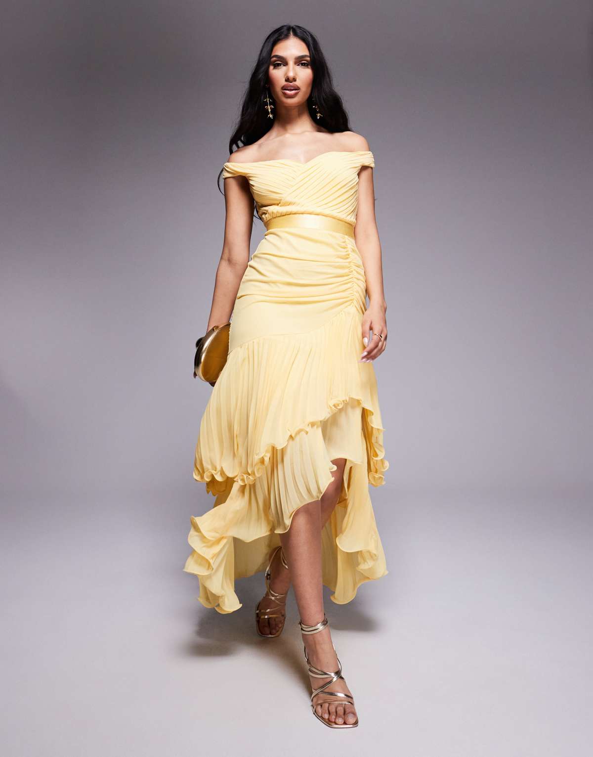 Goddiva Pleated bardot high low tier chiffon midaxi dress in lemon