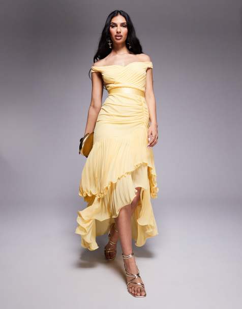 Goddiva Pleated bardot high low tier chiffon midaxi dress in lemon