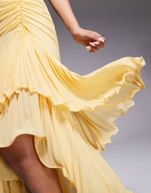 Goddiva Pleated bardot high low tier chiffon midaxi dress in lemon, 3 of 4