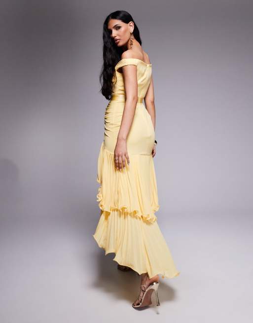 Goddiva Pleated bardot high low tier chiffon midaxi dress in lemon, 4 of 4