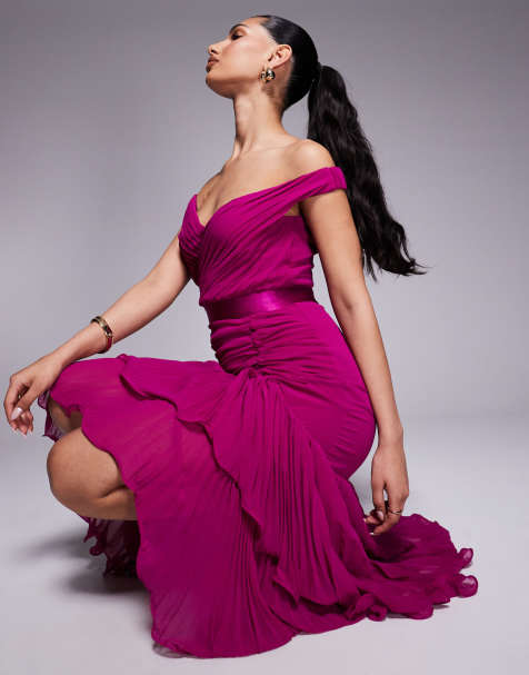 Goddiva Pleated bardot high low tier chiffon midaxi dress in magenta