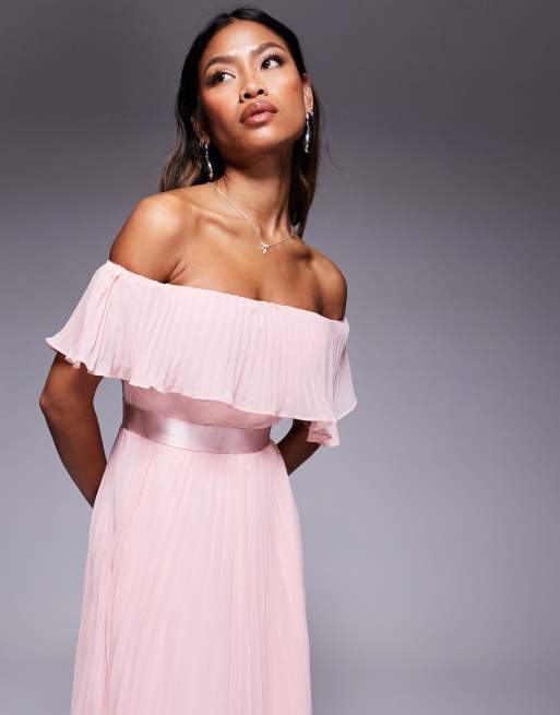 Goddiva Pleated chiffon off shoulder maxi dress in blush ASOS