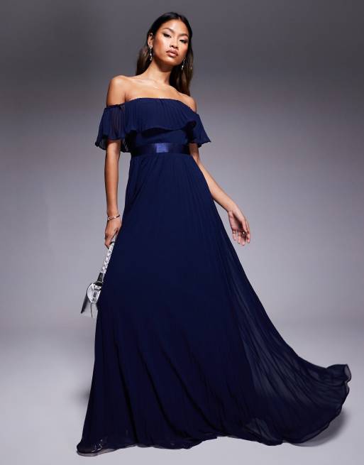 Goddiva Pleated chiffon off shoulder maxi dress in navy