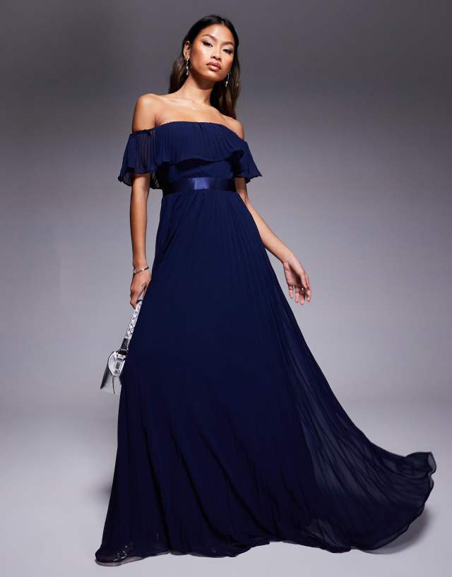 navy blue off the shoulder maxi dress Goddiva Pleated chiffon in This garment fits true