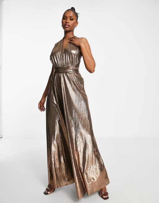 Gold pleated hot sale maxi dress