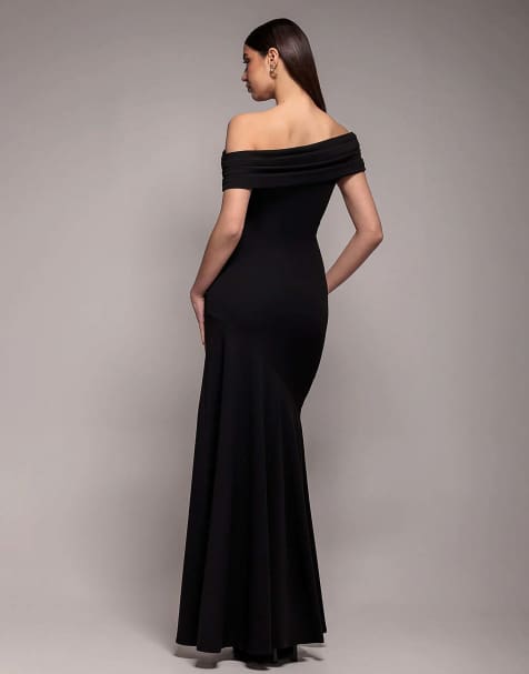 Goddiva Pleated one shoulder bardot fit and flare maxi dress in black